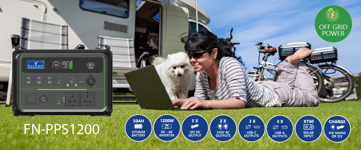 Falcon 1200W Portable Power Station with its 230V mains sockets, USB outputs and wireless charging pad.