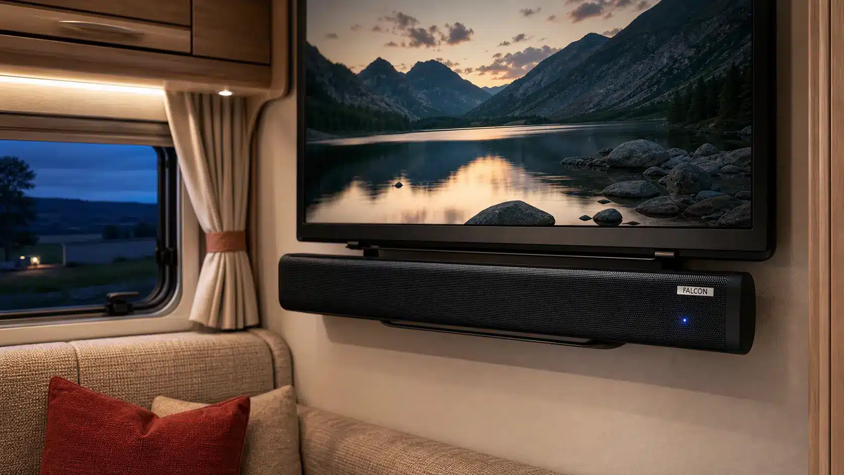 Falcon soundbar mounted beneath a camping TV inside a caravan, with a mountain lake displayed on screen at dusk.