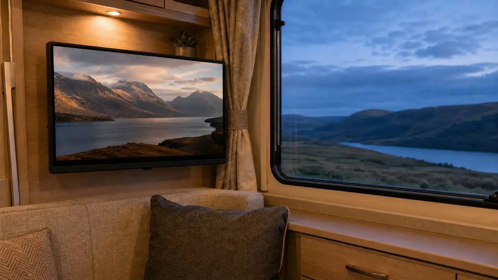Smart camping TV inside a modern caravan, displaying a mountain lake beside a remote countryside view at dusk.