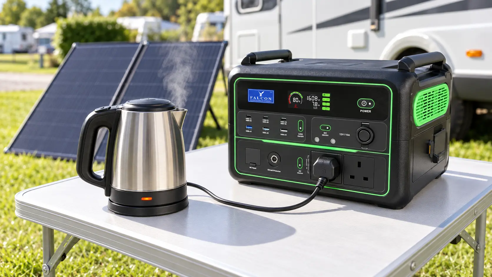 Falcon 1200W portable power station powering a steaming camping kettle beside a caravan and folding solar panel.